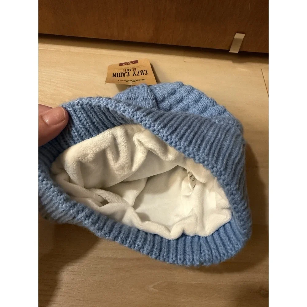 Cozy Cabin Youth Beanie Blue Soft Lined Knit One Size Bolt Design Acrylic New